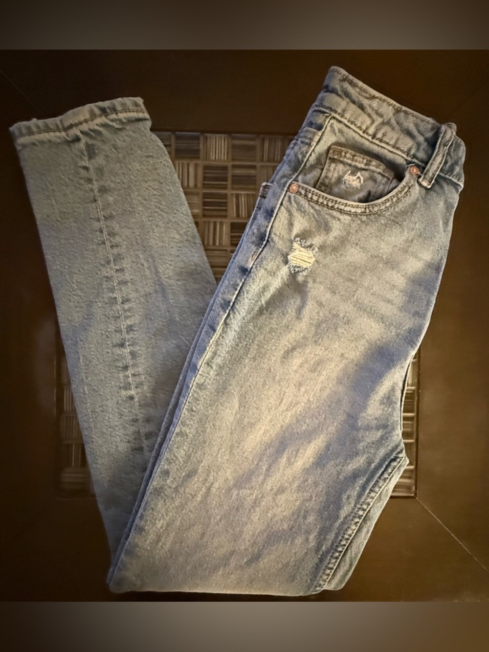 Bershka Light Blue Denim Mom Slim Jeans- Distressed With Silver Button. Quality